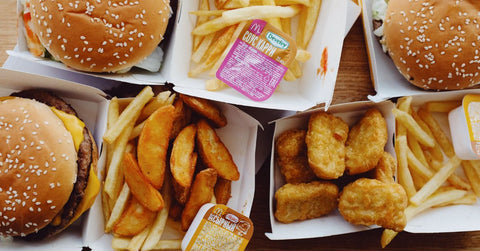 Fast food assortment of burgers and fries