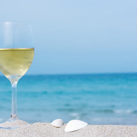 White wine glass on the sand in front of a turquoise ocean next to 2 white seashells